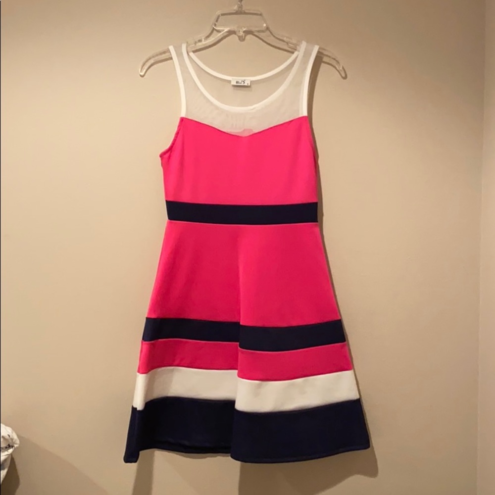 Pink and Blue Dress w White Mesh Detail